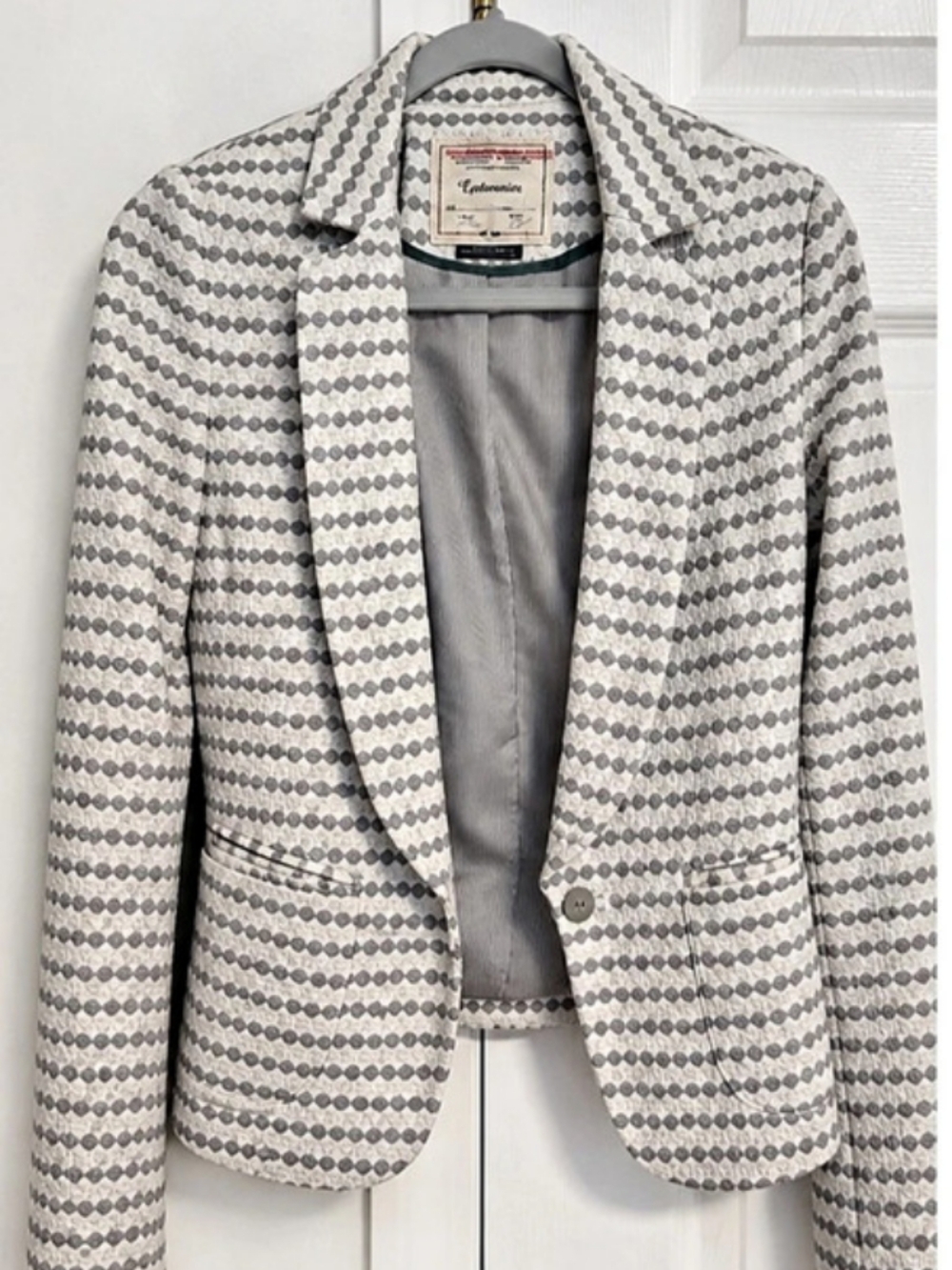 Anthropologie Cartonnier Jacket geometric blazer in gray and white, Size 2